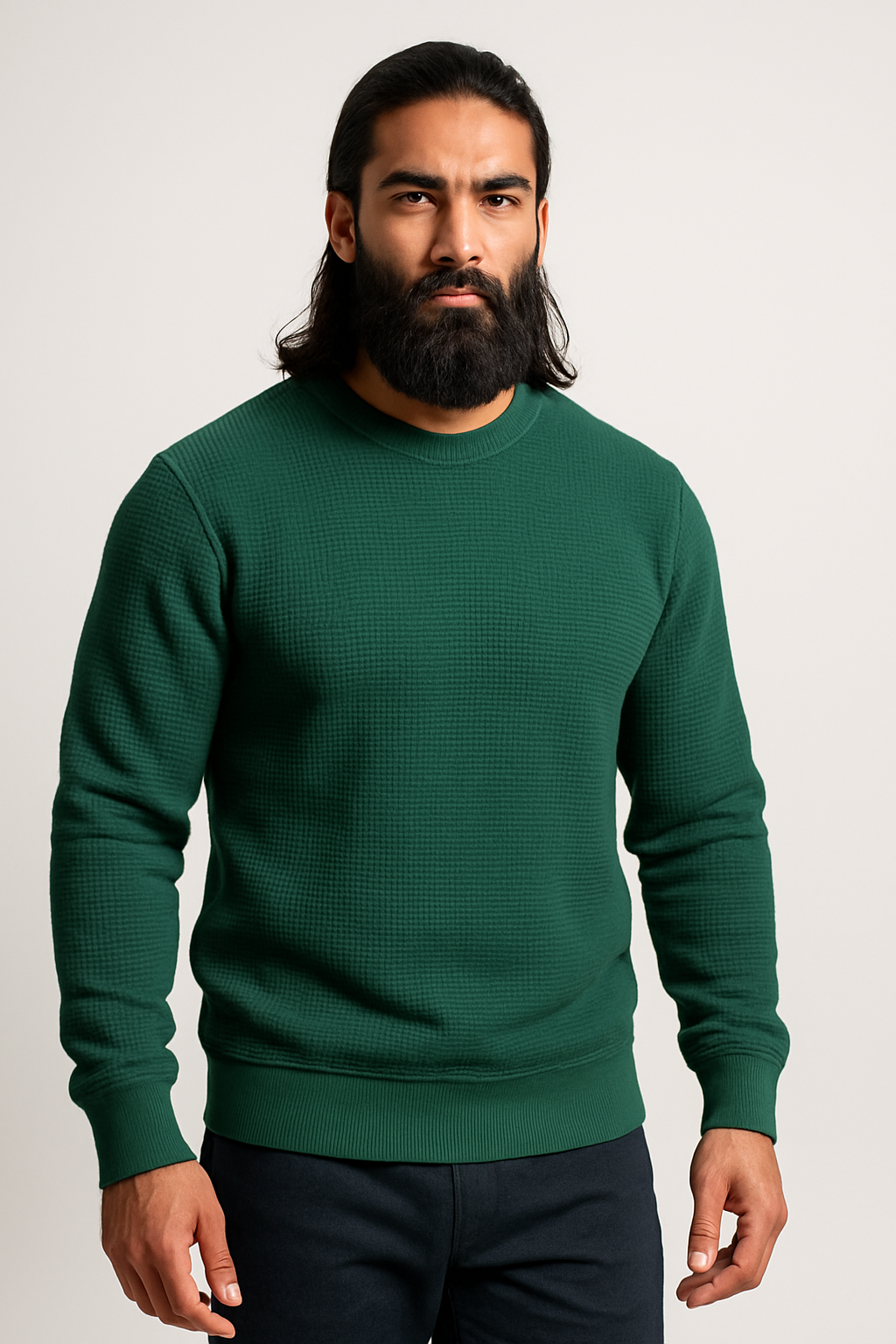 Green Waffle-Knitted Sweatshirt