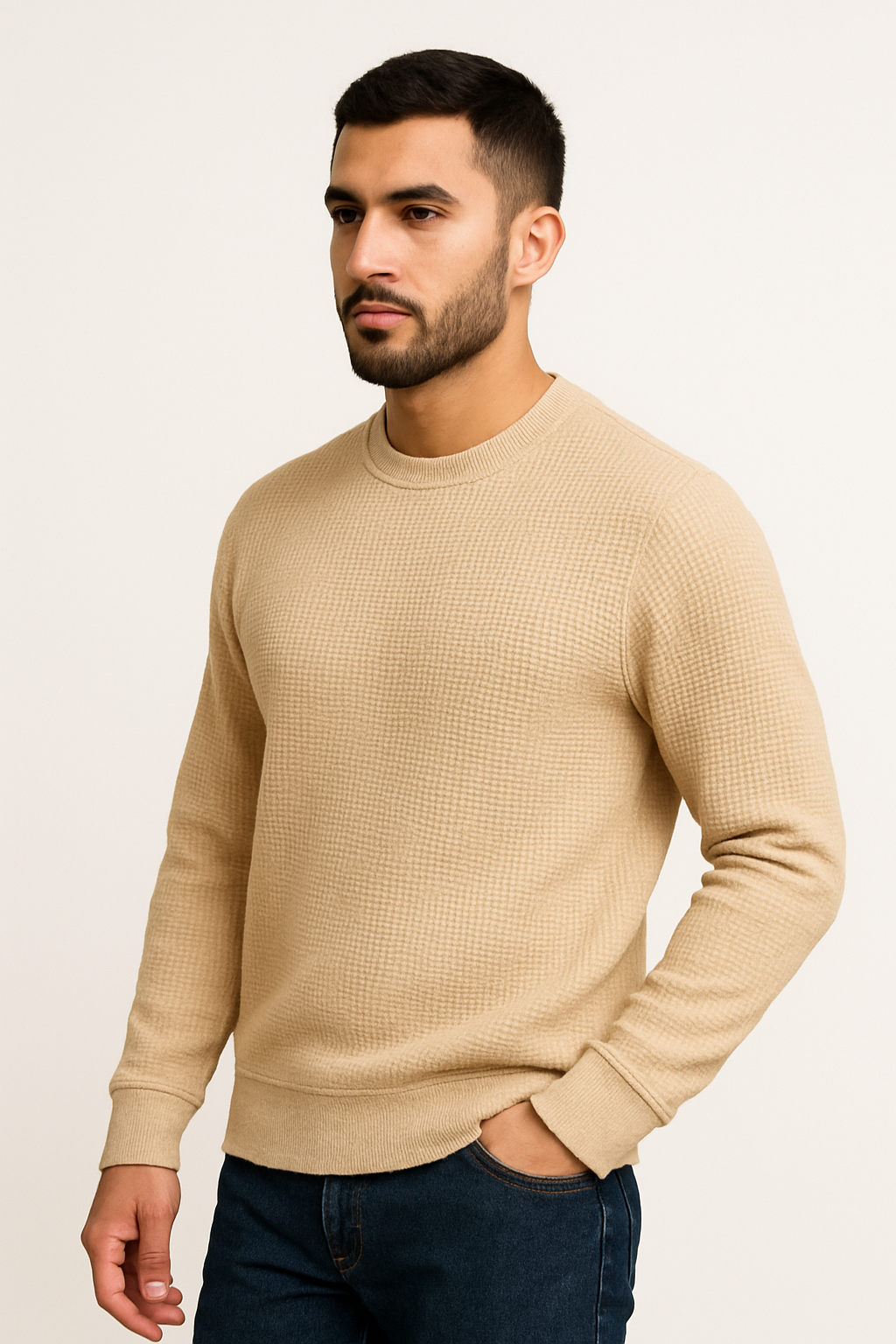 Beige Waffle-Knitted Sweatshirt