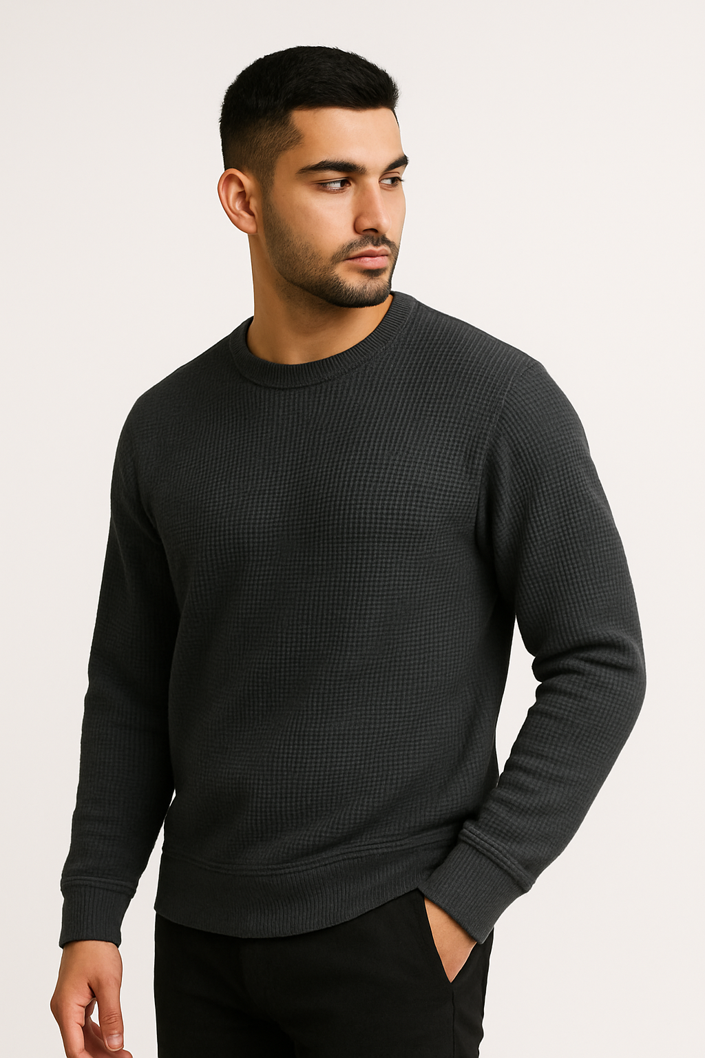 Charcoal Waffle-Knitted Sweatshirt