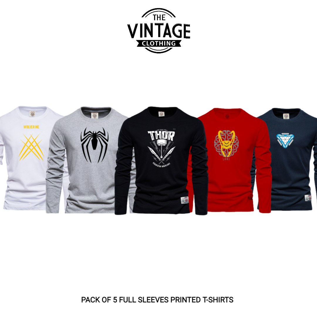 Pack of 5 Round Neck Full Sleeves Printed T-shirts